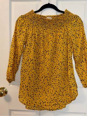 Michael Kors Mustard Yellow Print Blouse with Smocked Elastic Neckline, Size S
